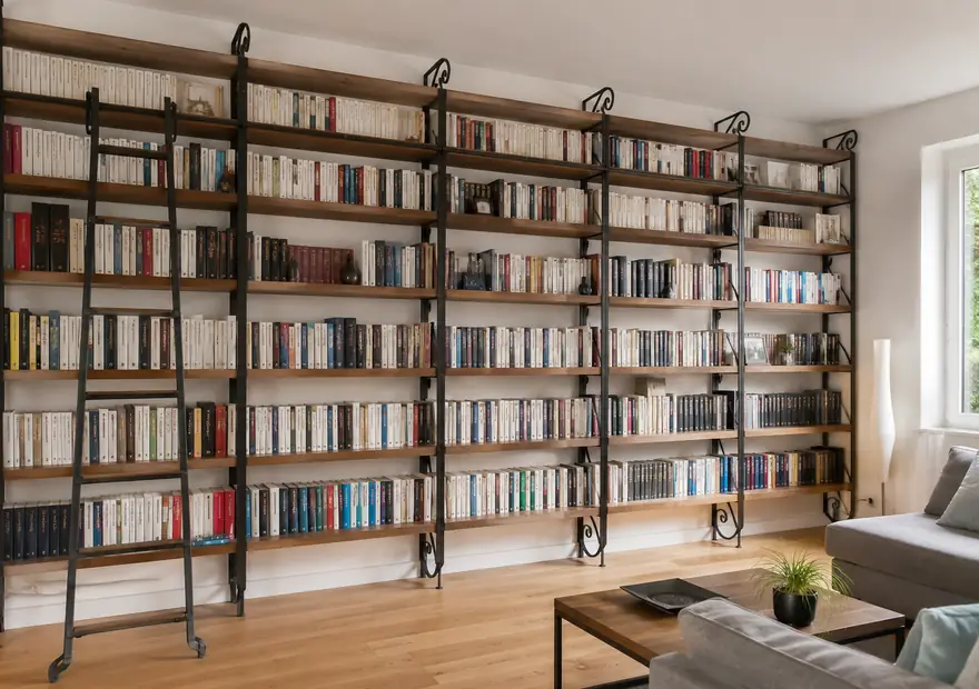 Bibliothèque avec échelle coulissante en fer forgé sur mesure