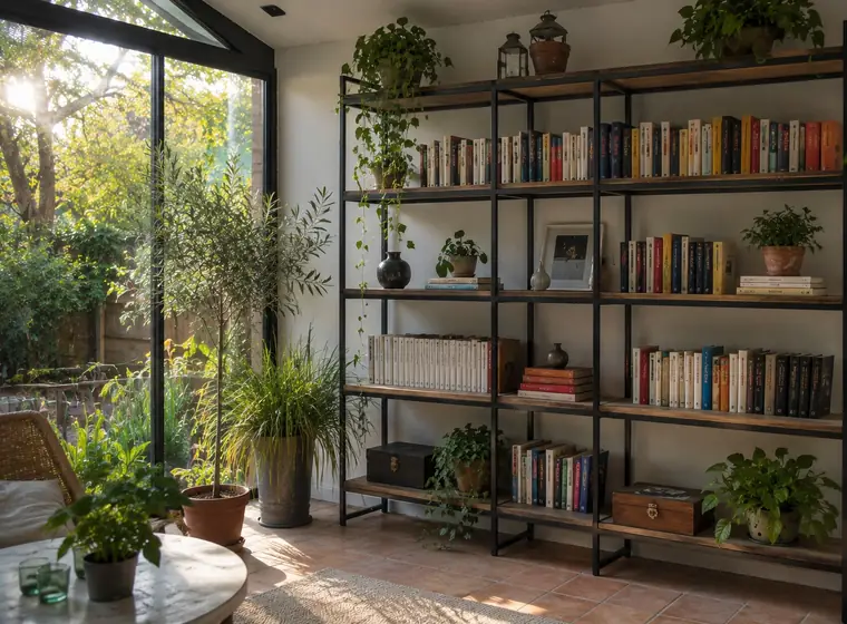 Bibliothèque en fer forgé dans une véranda