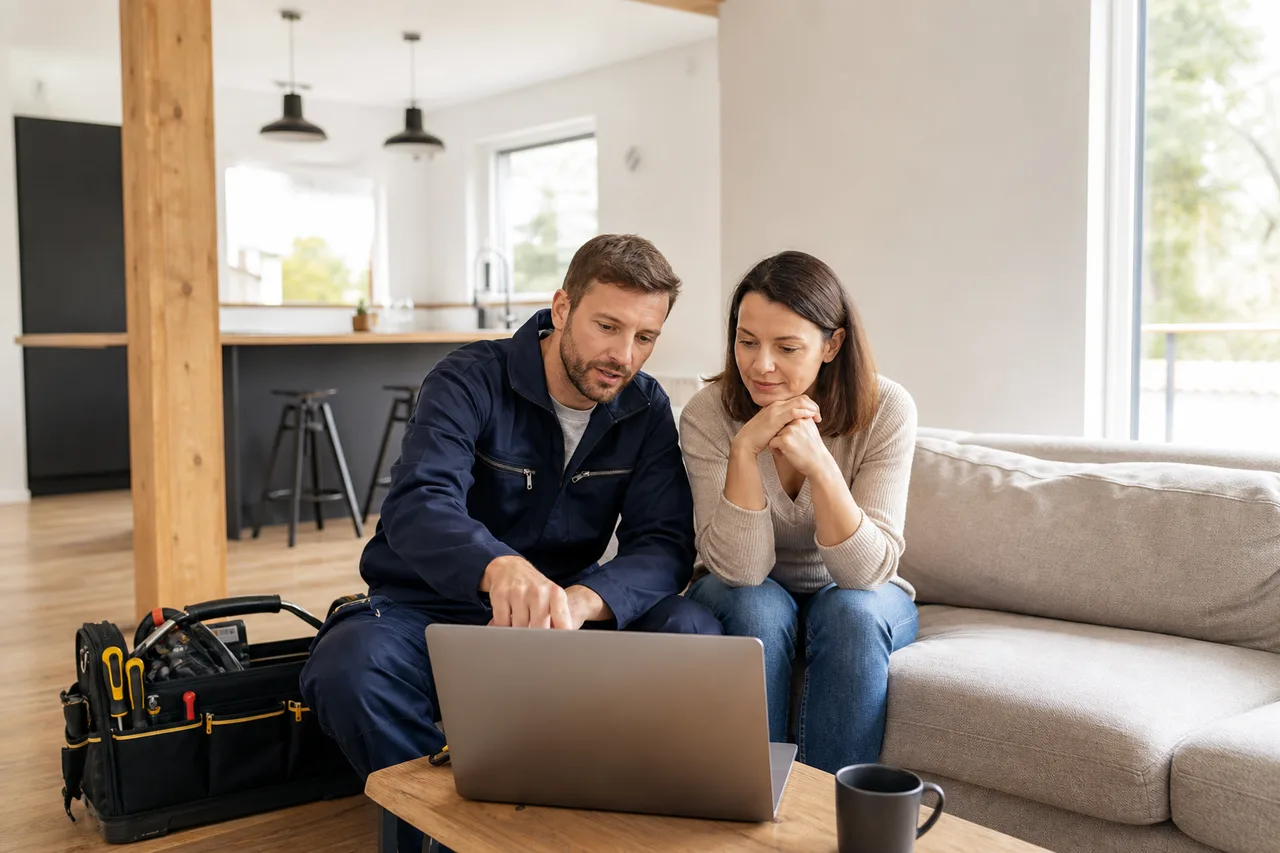 Artisan présentant son site internet à une cliente dans une maison rénovée