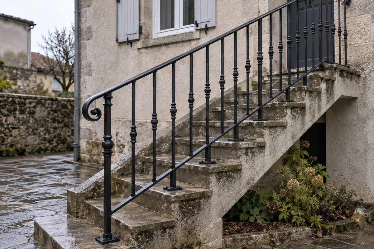 Garde-corps d'escalier extérieur en fer forgé sur mesure
