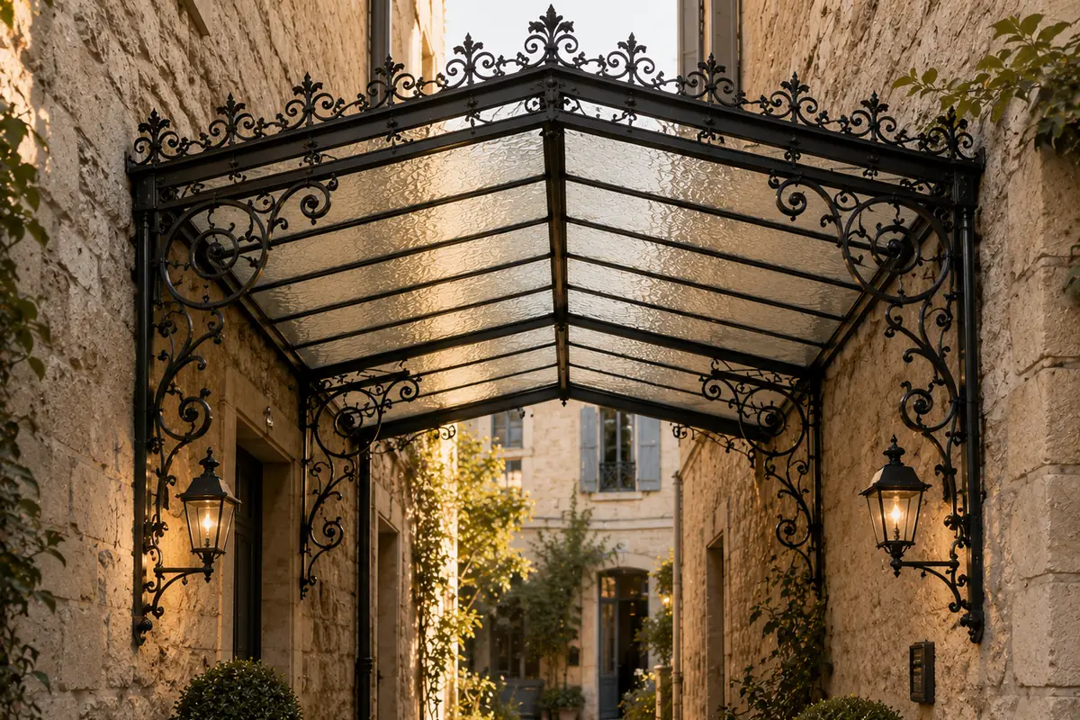 Marquise vitrée entre murs en fer forgé sur mesure