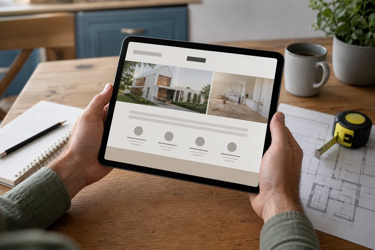 Particulier vérifiant le site d'un artisan sur tablette avant une demande de devis